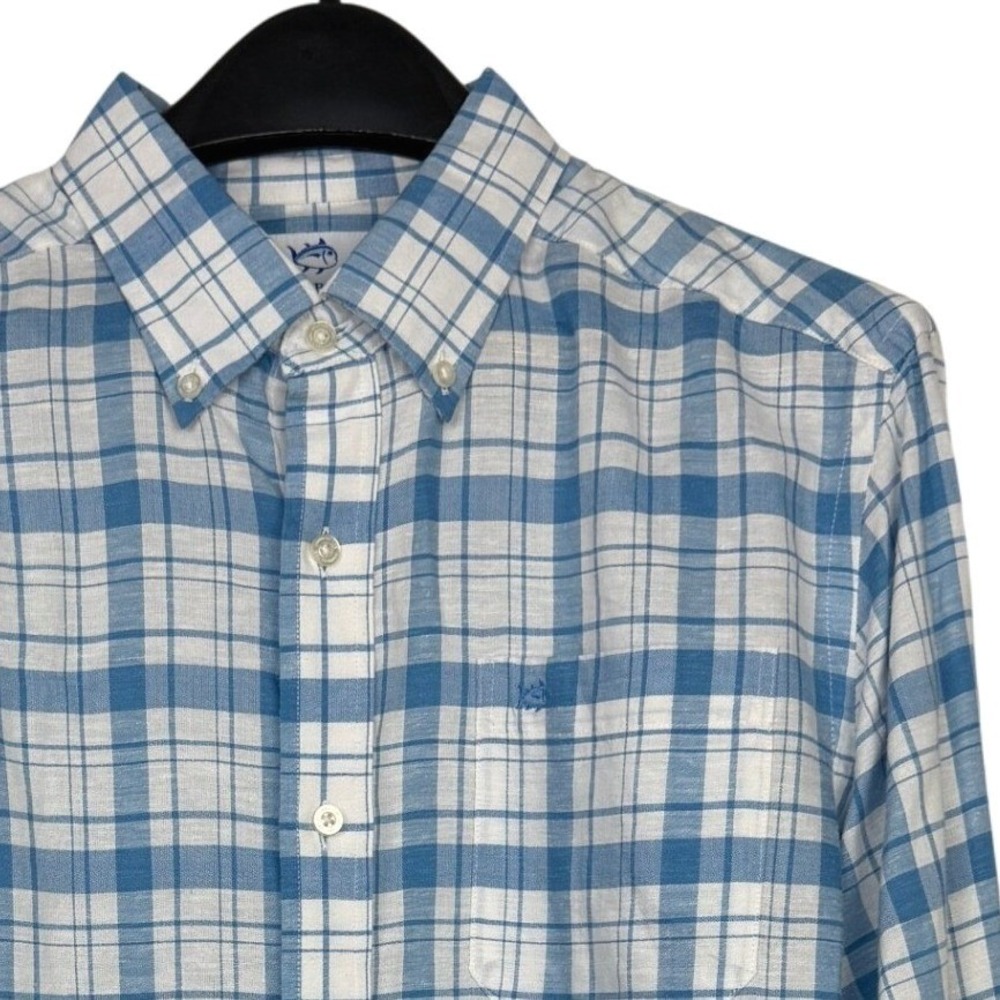 Southern Tide HEMP Blend Button Down Mens M Blue White Plaid Shirt Skipjack Logo